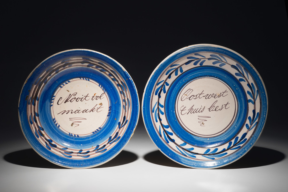 Two proverbial dishes in blue and white with manganese pottery, Makkum, Friesland, 1st half 19th C.