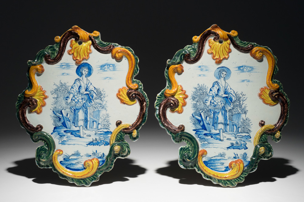 A pair of polychrome Dutch Delft mixed technique plaques with pastoral scenes, 18th C.