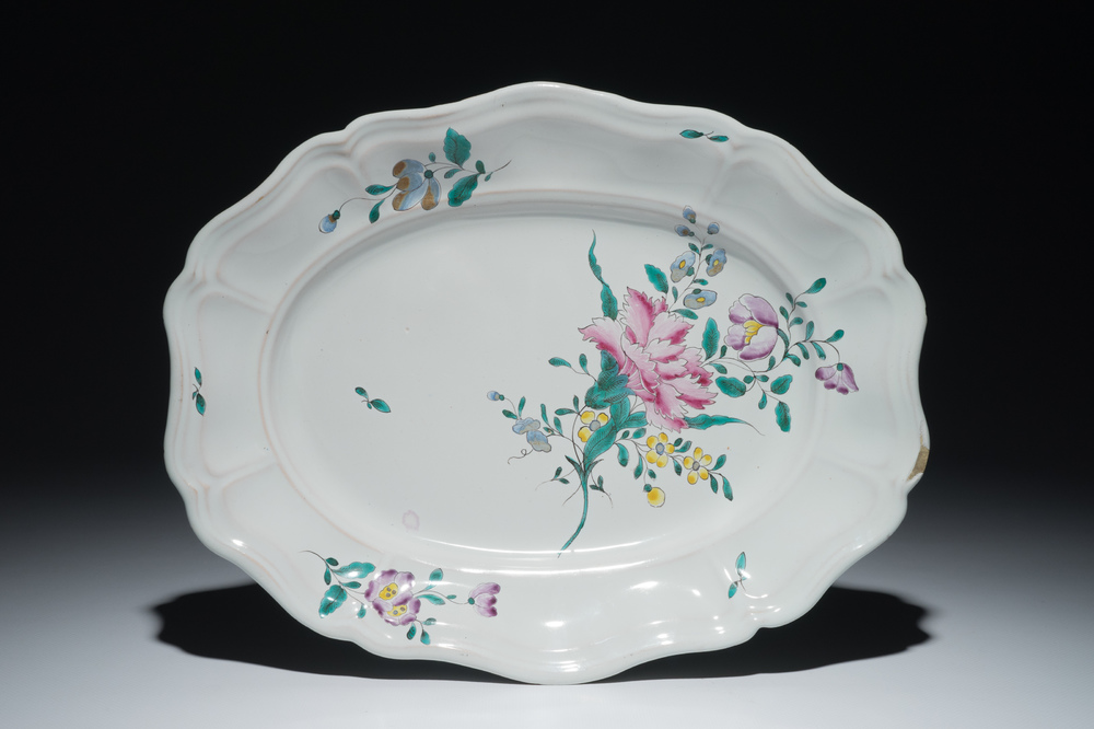 A French faience oval dish with floral design, Joseph Hannong, Strasbourg, 18th C.