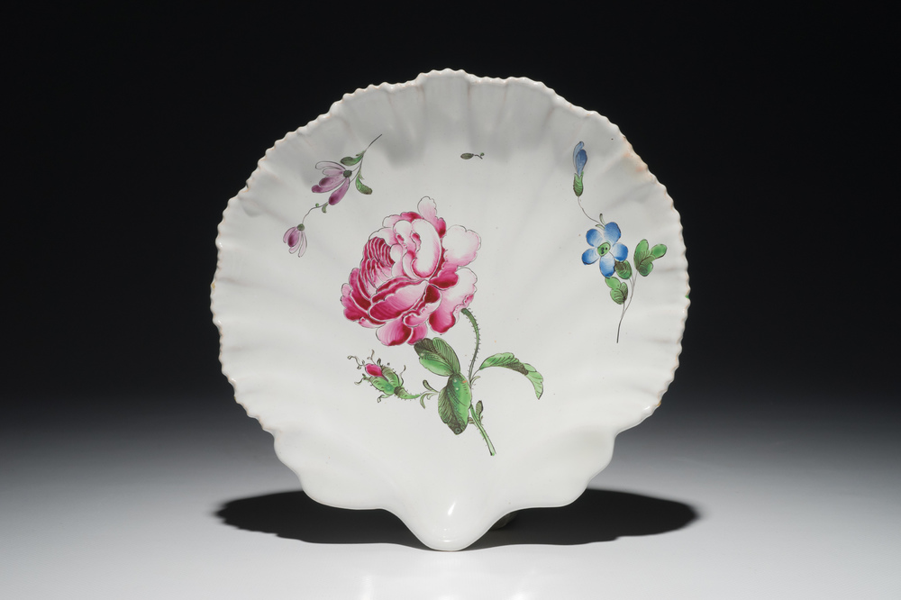 A French faience shell-shaped dish with floral design, Joseph Hannong, Strasbourg, 18th C.