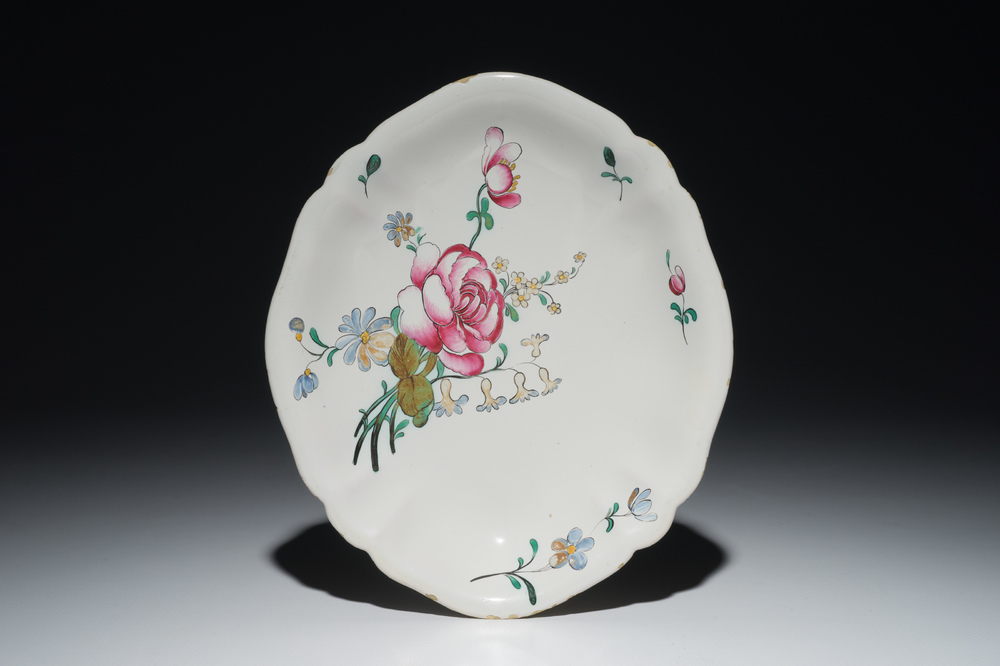 A French faience oval dish with floral design, Joseph Hannong, Strasbourg, 18th C.