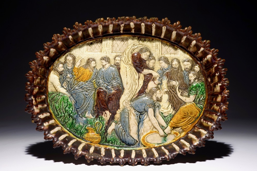A French Palissy style footed oval dish depicting the Washing of the Feet, 17th C.