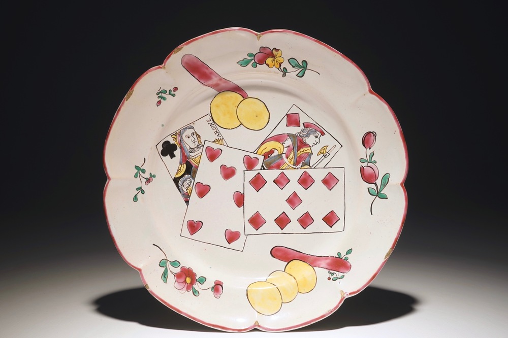 A rare French faience playing cards dish, poss. Ferrat, Moustiers, or Nevers, 18th C.