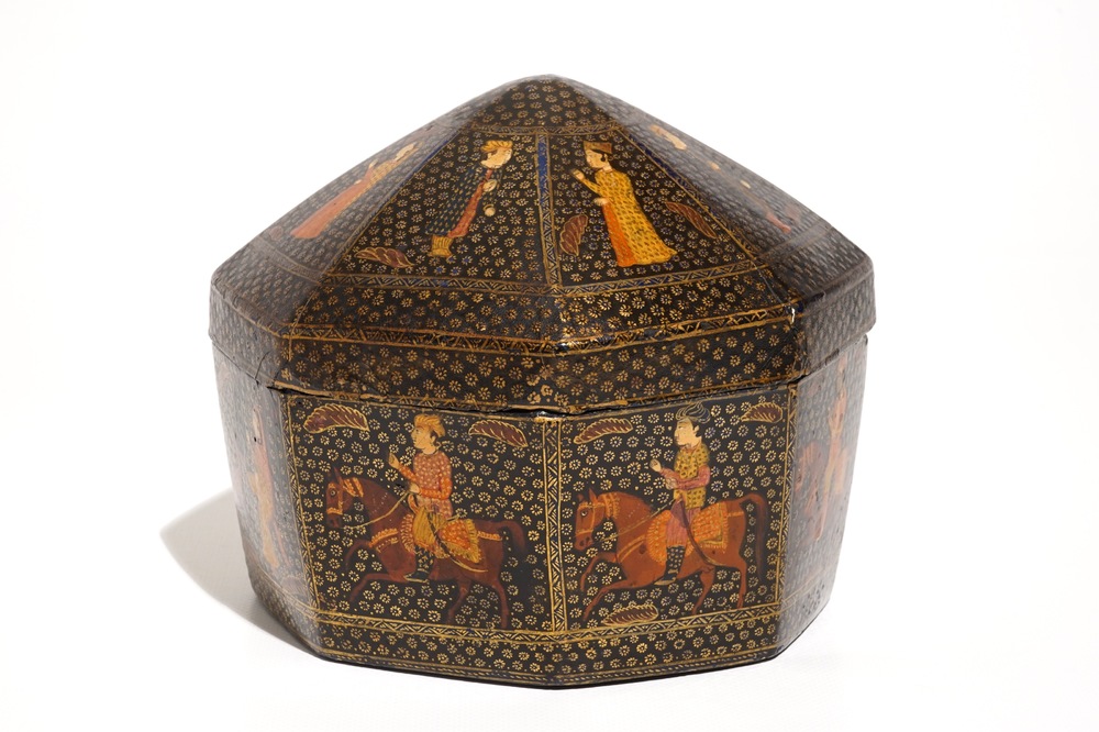 A Kashmir painted papier mache turban box with figurative design, India, 19th C.