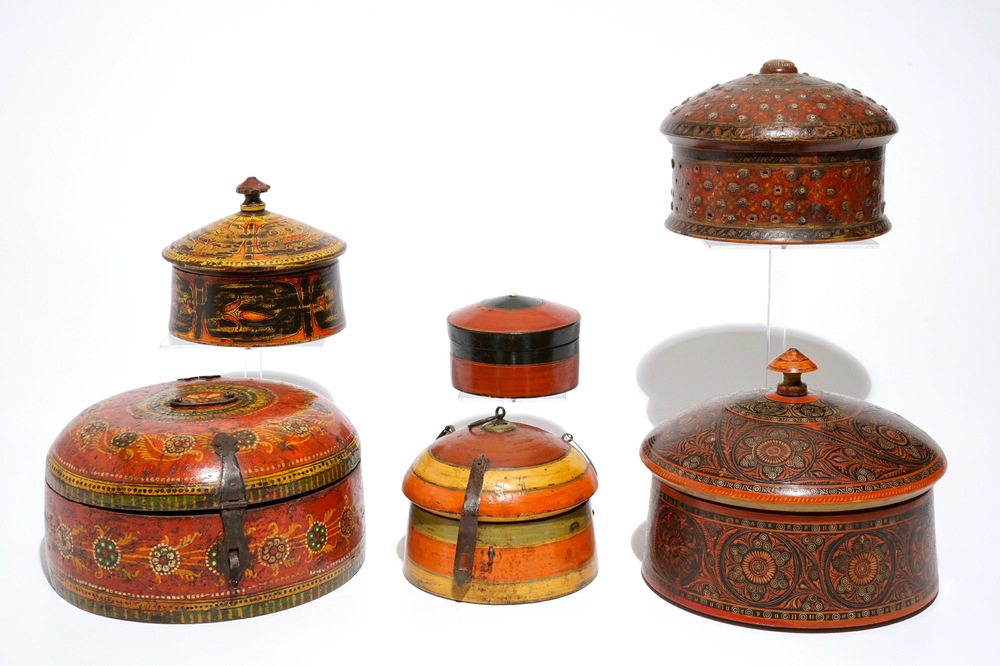 Six iron-mounted painted wood covered boxes, India and Afghanistan, 19/20th C.