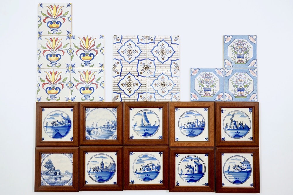 A set of 22 various polychrome and blue and white Dutch Delft tiles, 19th C.