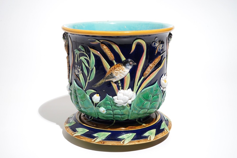 A George Jones Art Nouveau majolica jardiniere on stand, 19th C.