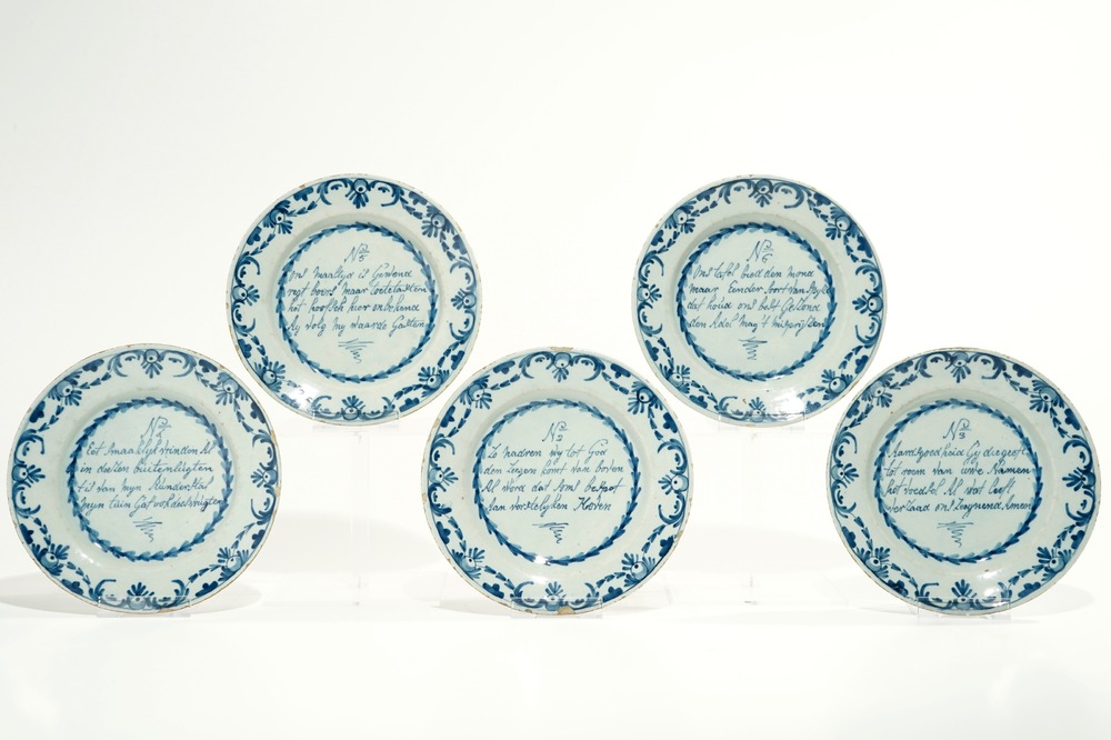 Five Dutch Delft blue and white text plates, 18th C.