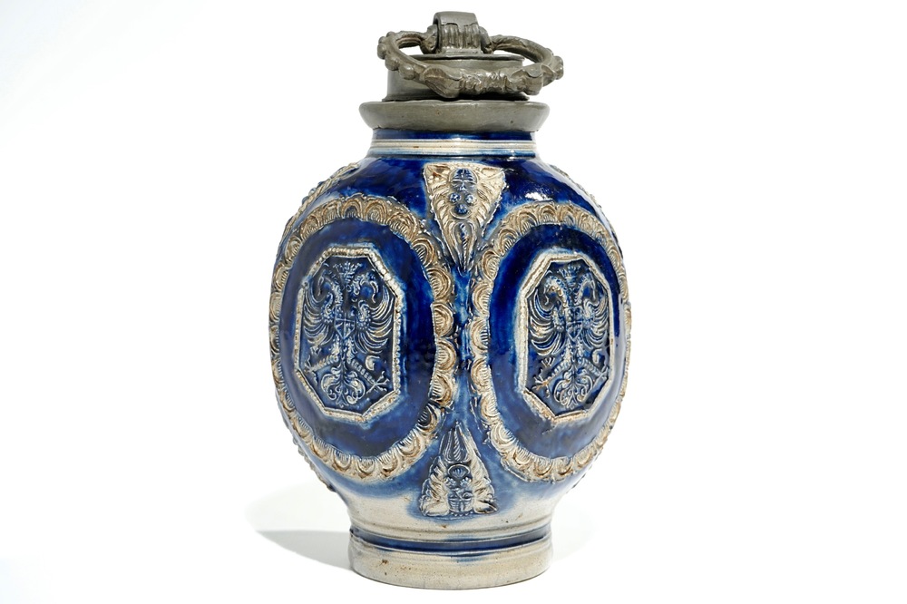 A square pewter-mounted Westerwald stoneware jug, 17th C.