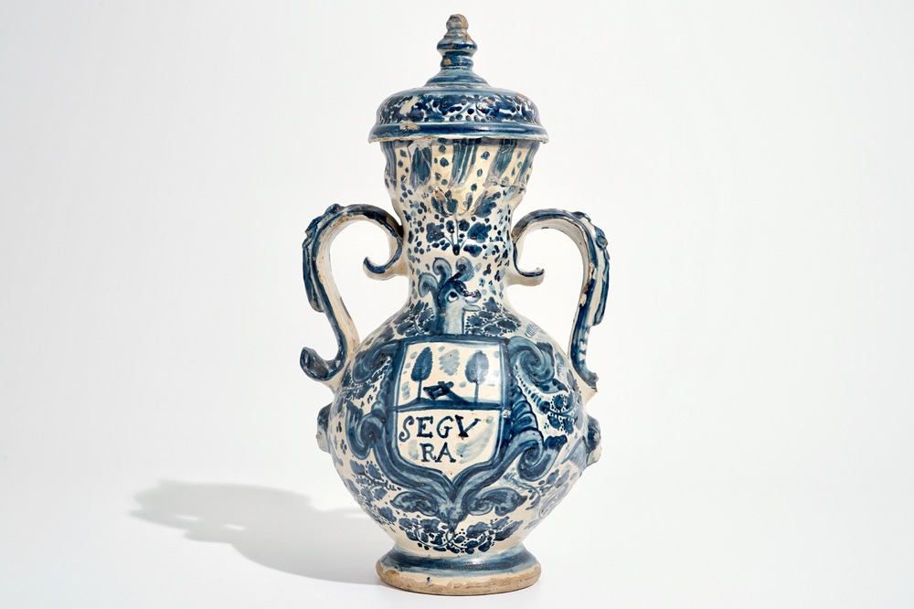 A Spanish pottery blue and white two-handled vase and cover, Triana, Seville, 18th C.