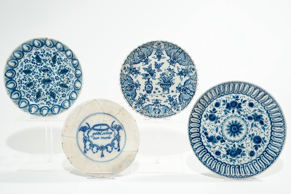 Four Dutch Delft blue and white plates, 17/18th C.
