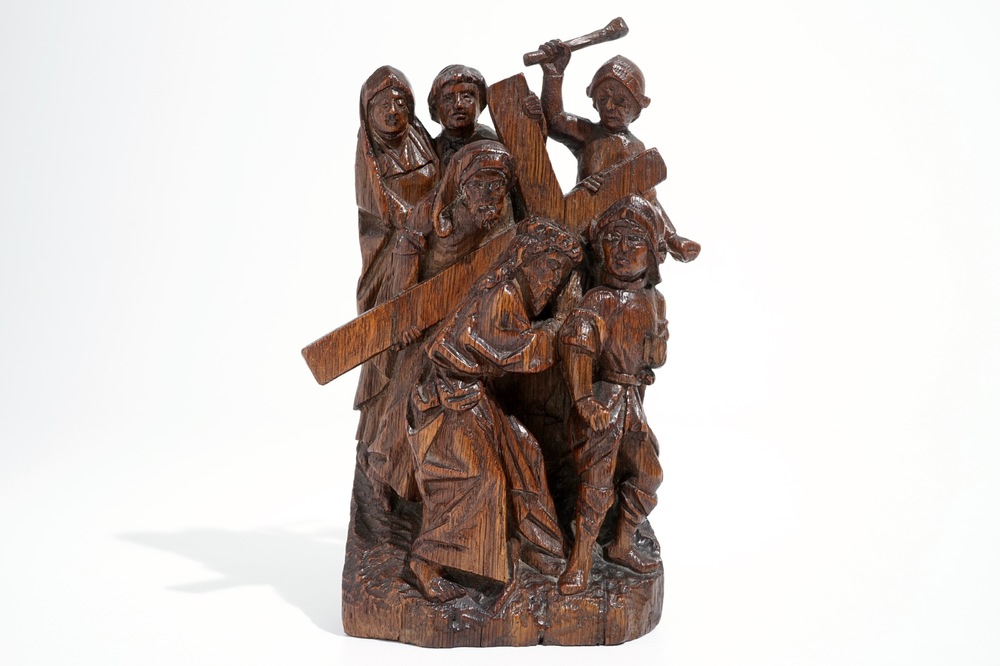 Christ Carrying the Cross, retable fragment, oak, Flanders, 16th C.