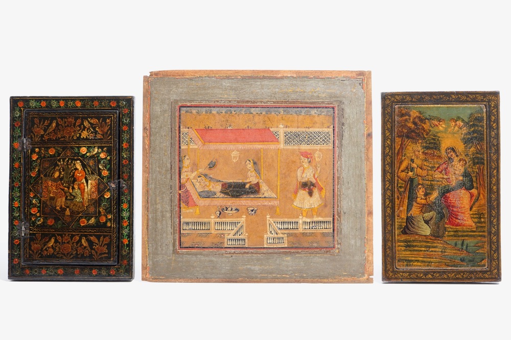 Two painted papier mache mirror frames and a painted panel, Qajar, Iran, 19th C.