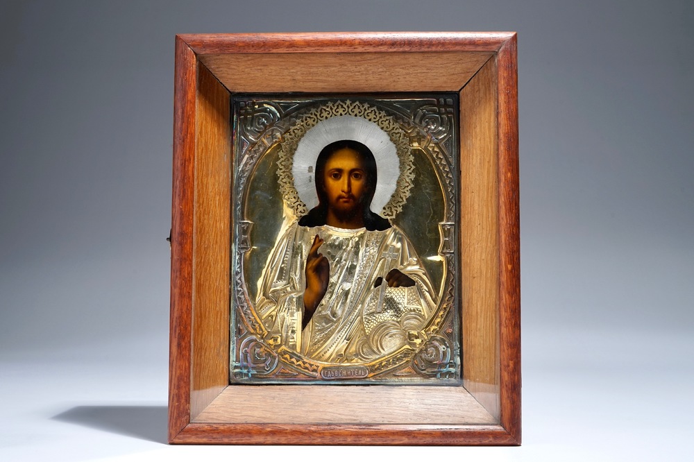 A Russian silver and gilt brass icon of Christ alvator Mundi, marked, ca. 1880