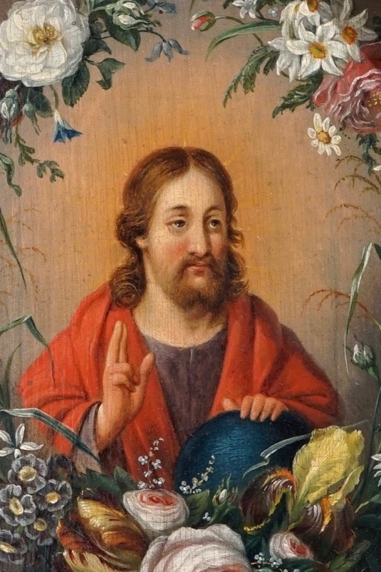 Daniel Seghers (Antwerpen, 1590-1661), toegeschreven, Christus Salvator Mundi in bloemenkrans, olie op paneel