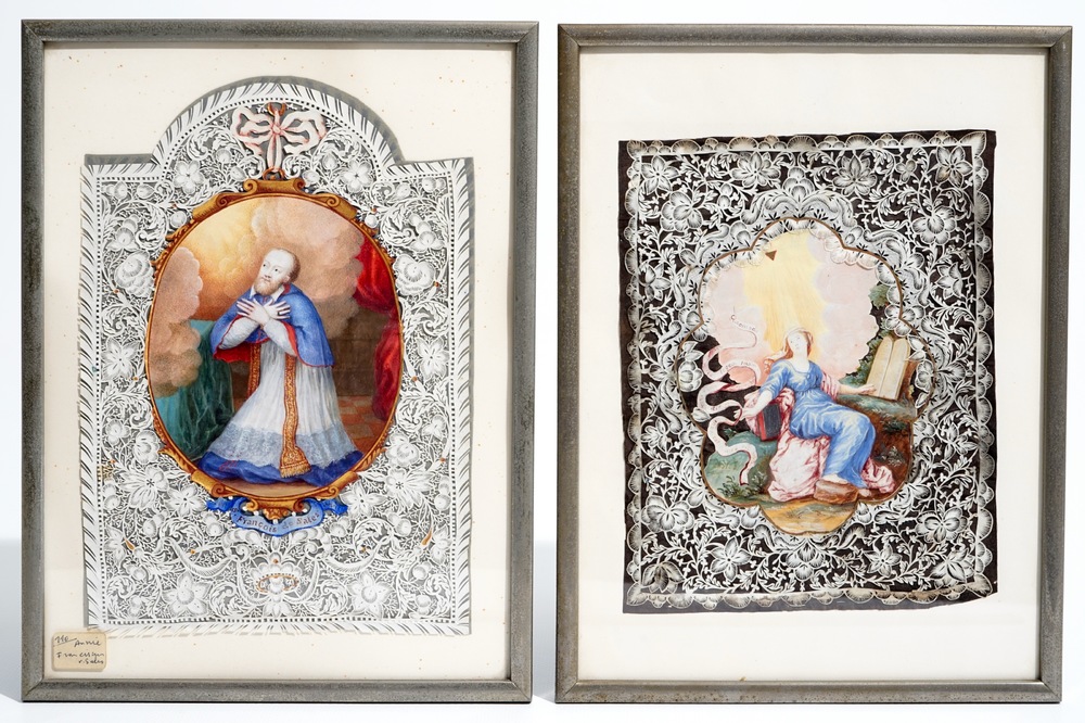 Two devotional pin prick canivet images of saints, 18/19th C.
