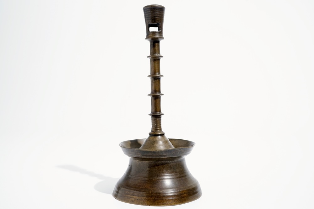 A gothic bronze candlestick, Low Countries, 15/16th C.