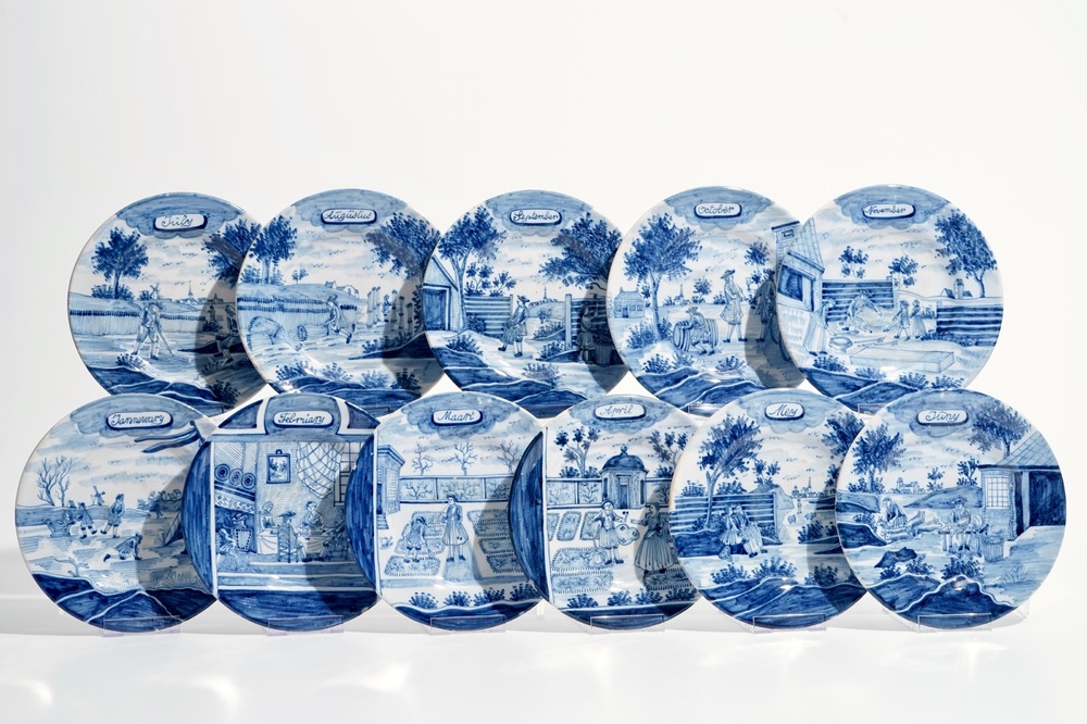 Eleven Dutch Delft blue and white &quot;Month&quot; plates, 19th C.