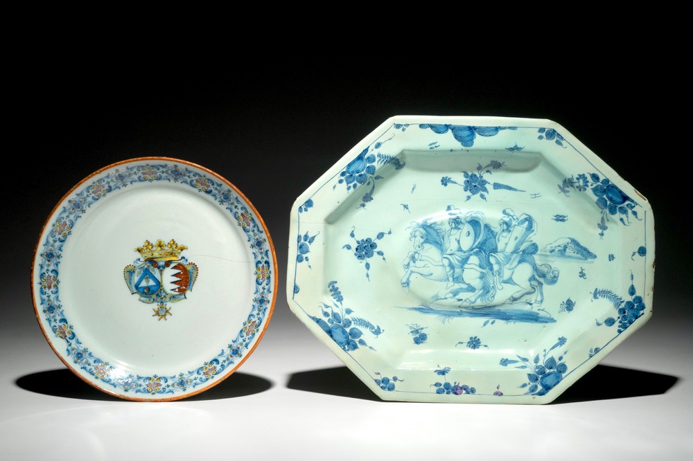 A polychrome armorial plate and a blue and white octagonal dish, Savona, Italy, 18th C.