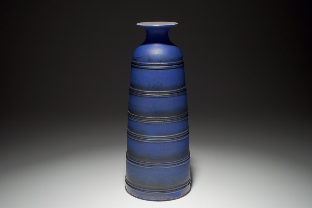 A modernist matte blue glazed vase of conical form, Perignem, 2nd half 20th C.