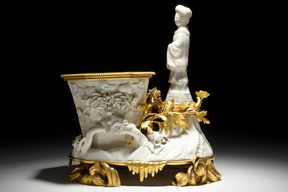 A blanc de Chine, Meissen and Saint-Cloud porcelain ormolu-mounted group, Ateliers Bointaburet, Paris, 19th C.