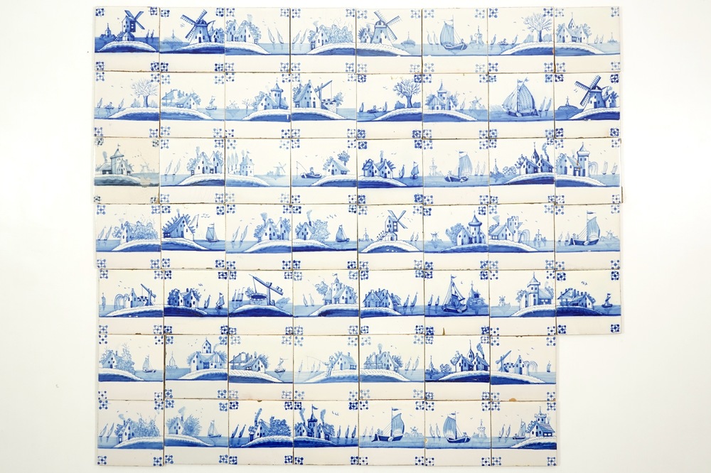 54 blauwwitte Delftse tegels met landschappen bij het water, 19e eeuw