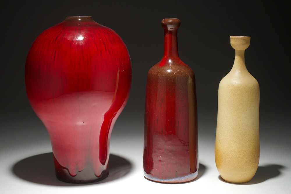 Three oxblood glazed and matte finished modernist vases, Perignem, 2nd half 20th C.