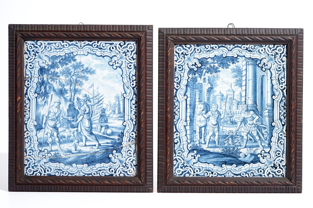 Two rectangular blue and white Delft style German faience stove tiles, 18th C.