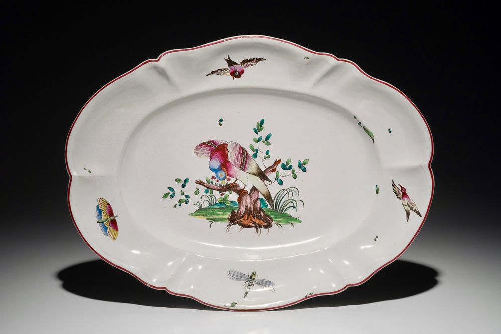 A French faience oval dish with birds and insects, prob. Strasbourg, 18th C.