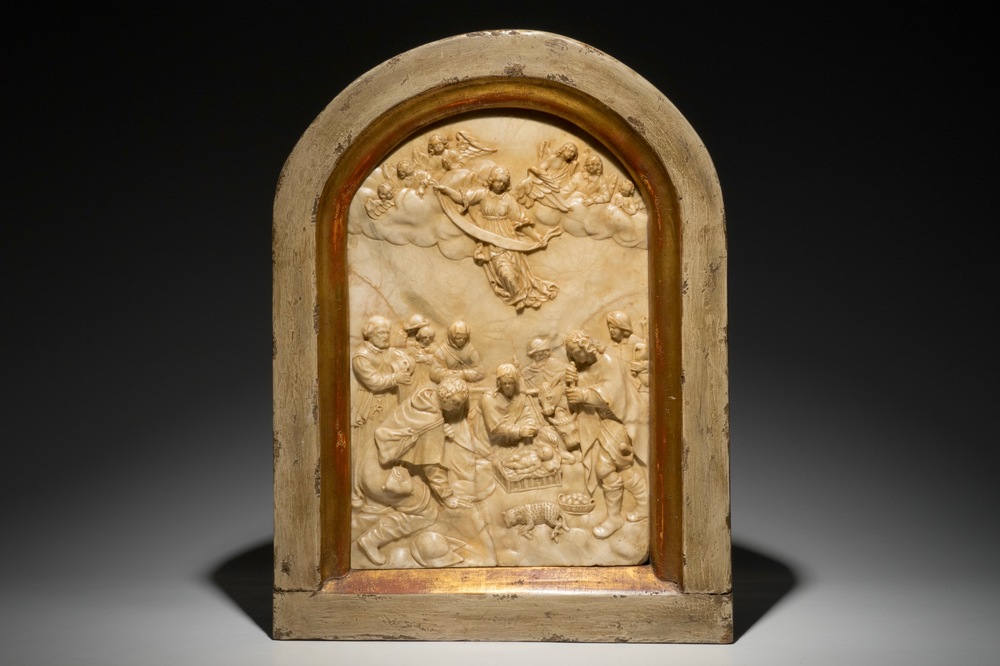 A large carved alabaster relief &quot;The adoration of the shepherds&quot;, monogram IB, poss. Malines, 17th C.