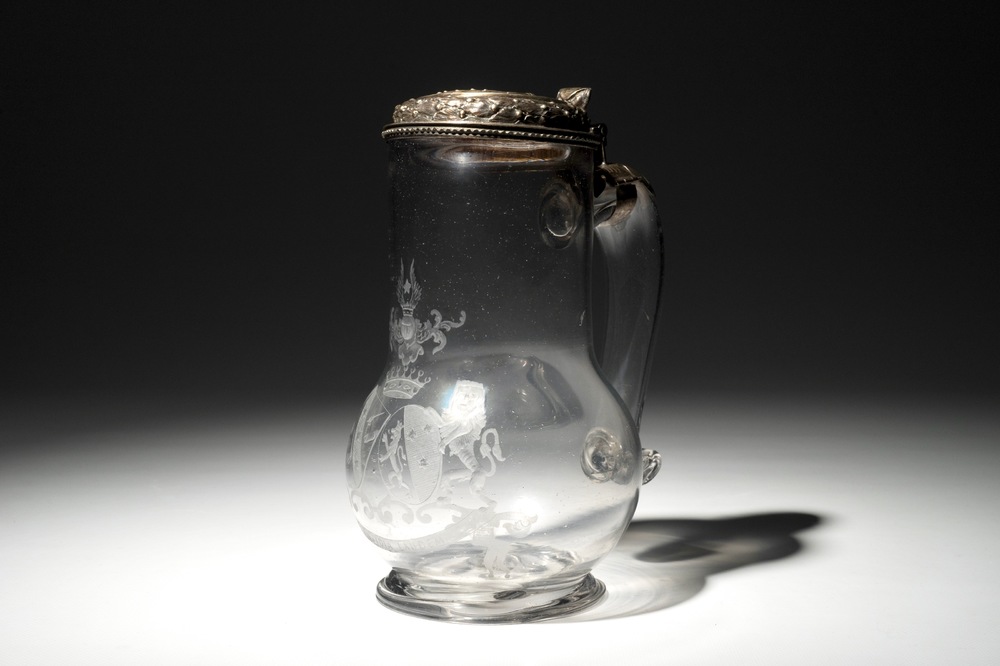 An armorial engraved glass tankard with fine silver lid, marked Augsburg, Germany, 17th C.