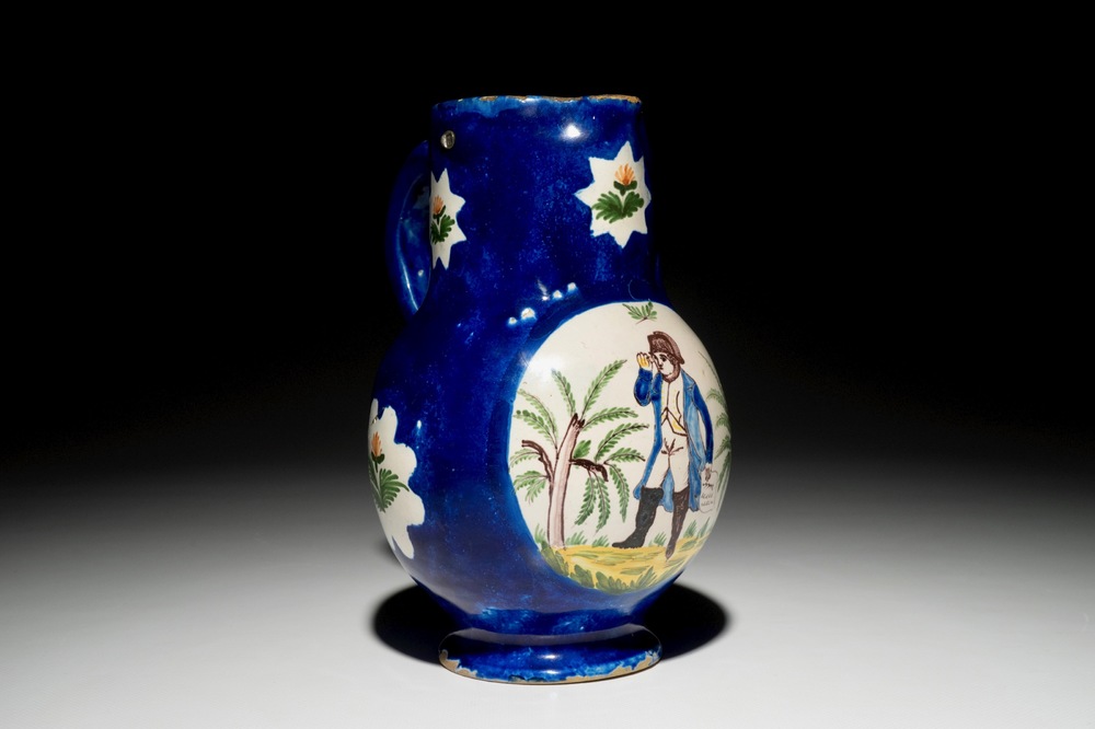 A blue ground Brussels faience jug with Napoleon, 19th C.