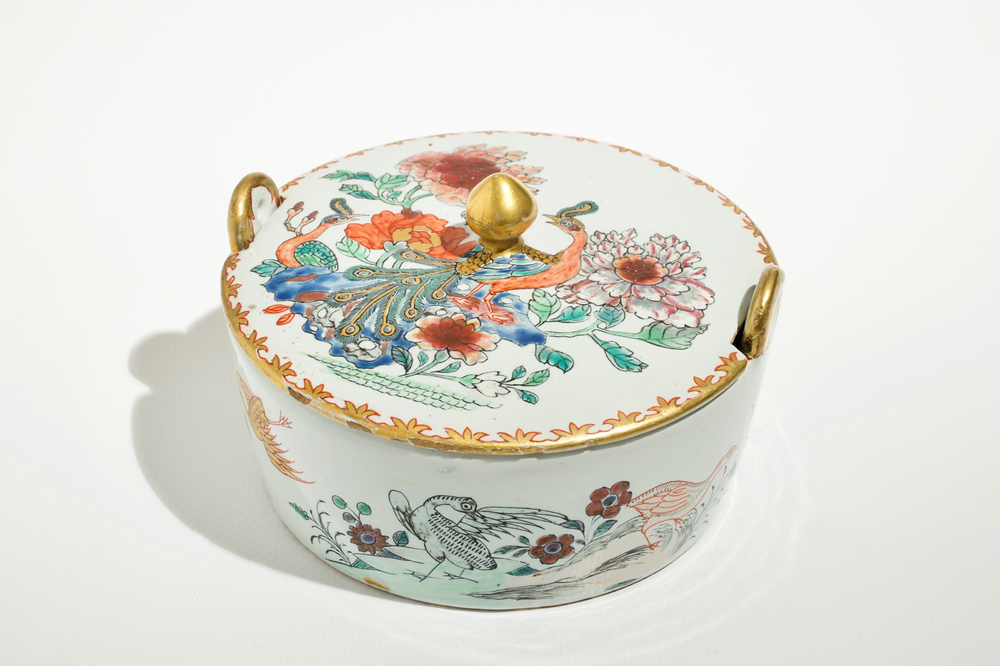 A polychrome Dutch Delft petit feu butter tub after a Chinese famille rose example, 18th C.