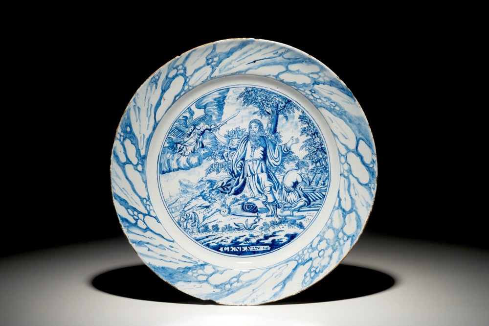 A Dutch Delft style blue and white biblical &quot;Sacrifice of Isaac&quot; dish, Amsterdam, 1st half 18th C.