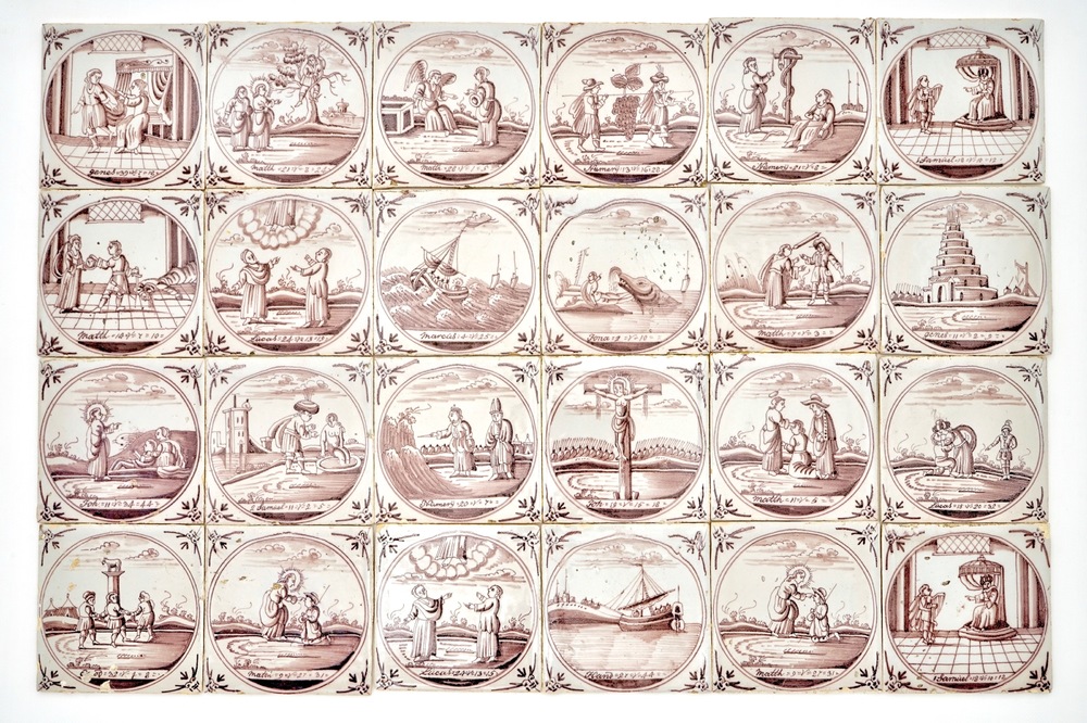 Een baksel van 124 mangane Delftse tegels met bijbels decor in medaillon, 18e eeuw