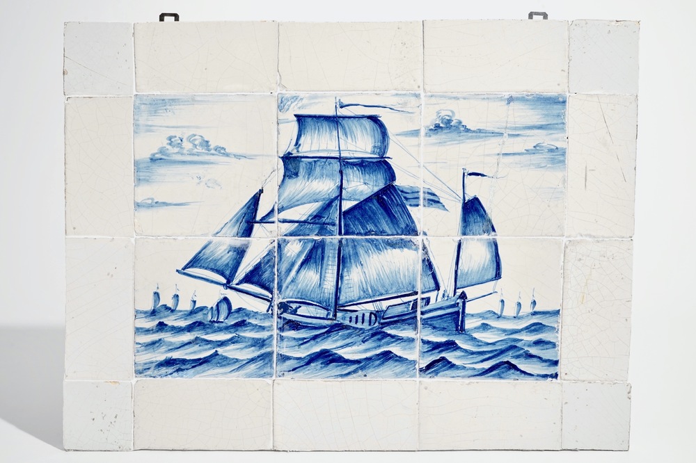 A Dutch Delft blue and white tile panel with a herring buss, 18th C.