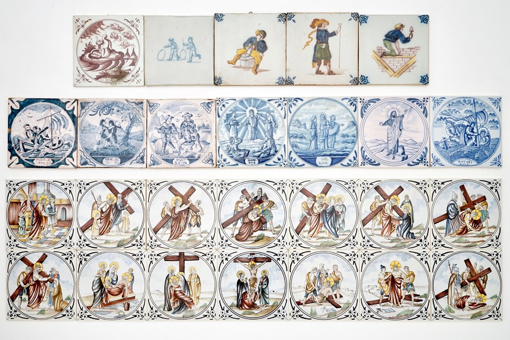 A collection of various tiles, mostly Dutch, incl. religious scenes, 18/20th C.