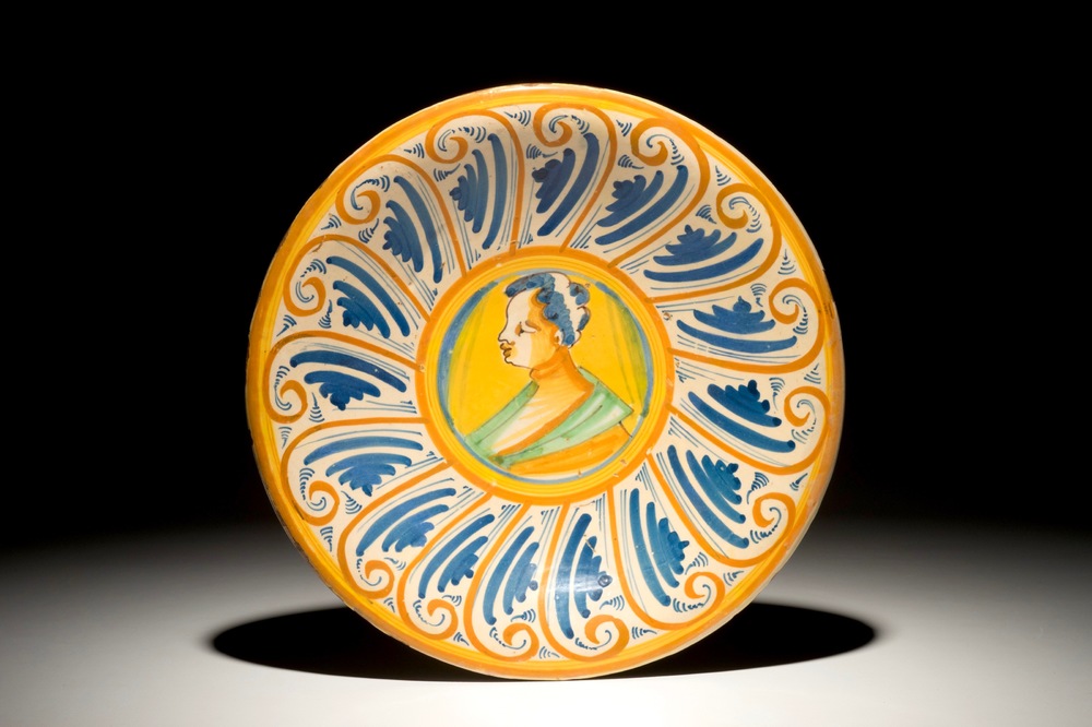 A polychrome Italian maiolica dish with a bust portrait, Deruta, 17th C.