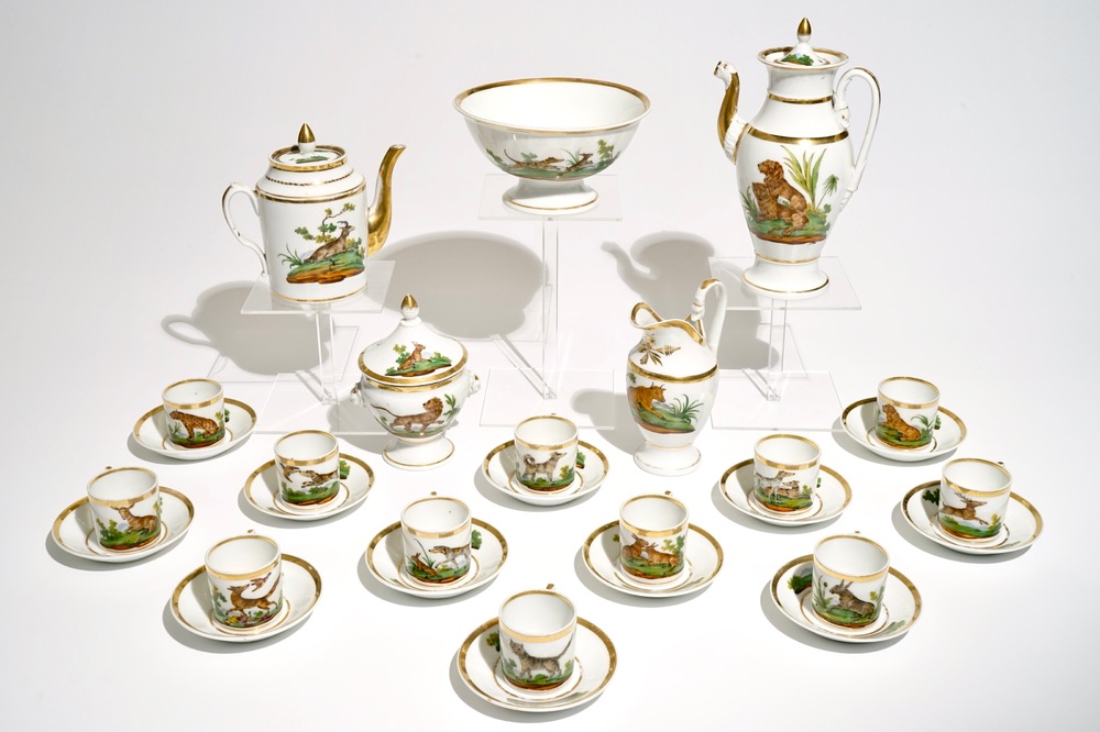 A 29-piece Paris porcelain Empire coffee service with various animals, 1st half 19th C.