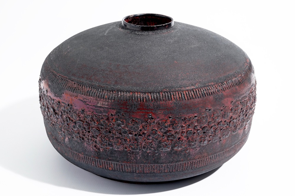 A large cylindrical modernist vase with matte black and luster glazed relief design, Perignem, 2nd half 20th C.