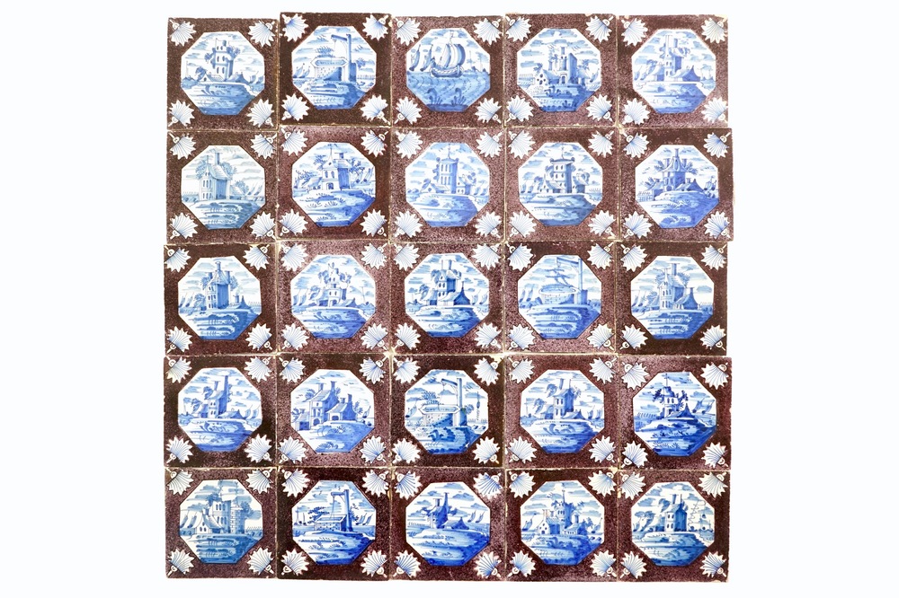 Een veld van 25 Delftse tegels met blauwwit decor op mangane fond, 18e eeuw