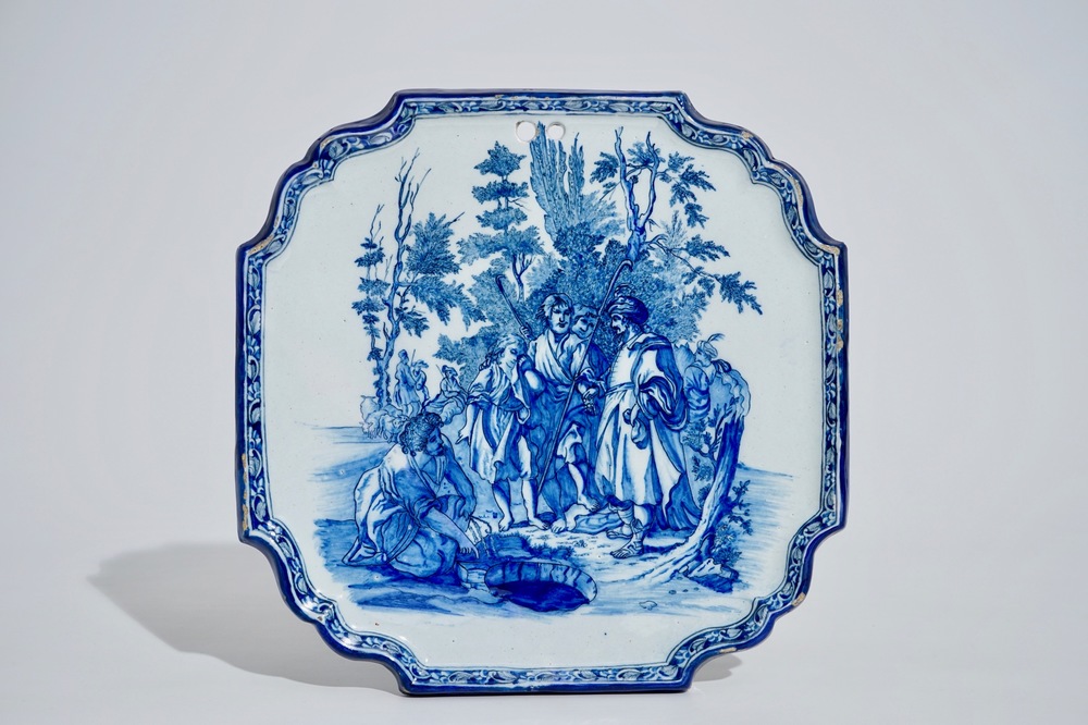 A Dutch Delft blue and white plaque with a biblical scene, 18th C.