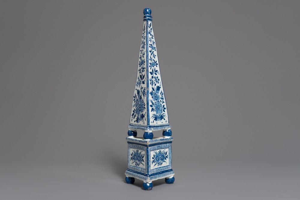 A blue and white Delft style obelisk with floral design, Braunschweig, Germany, 18th C.