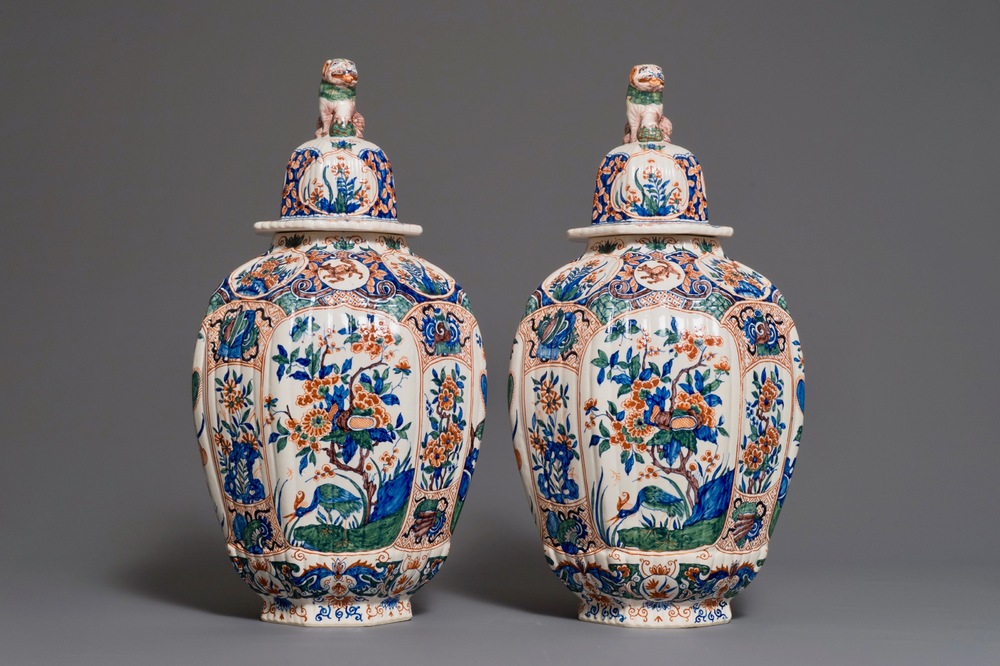 A pair of large Delft style cashmire palette covered vases, France, 19th C.