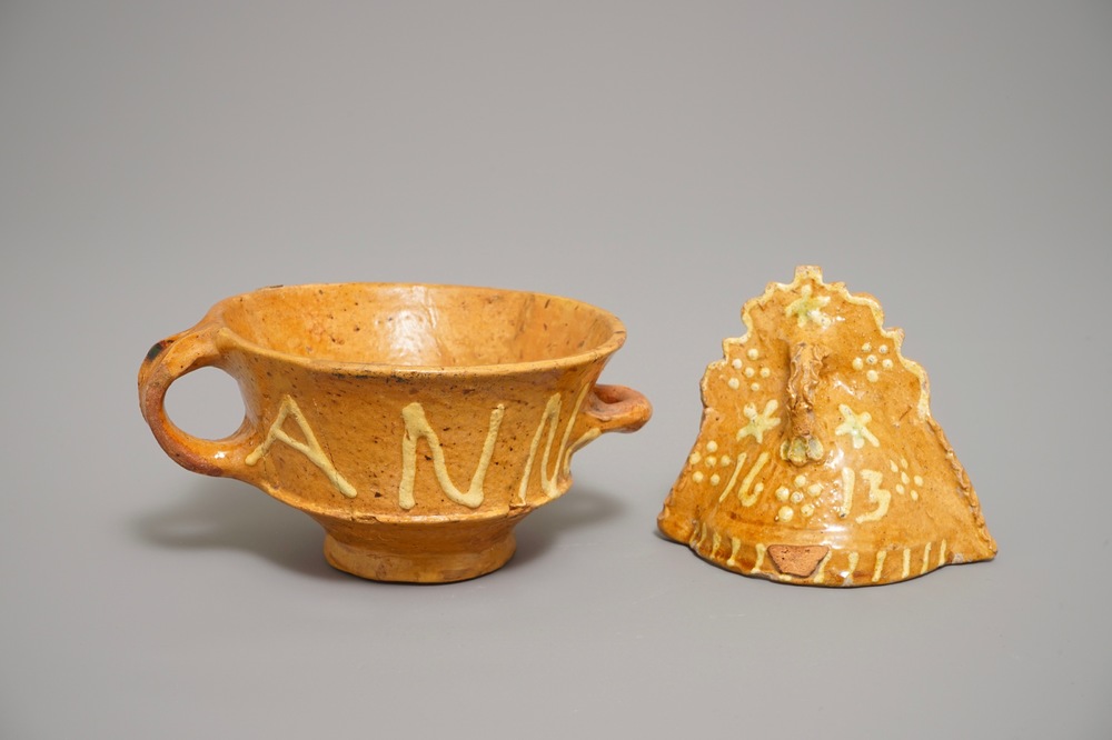 A Dutch slipware miniature fire bell dated 1613 and a bowl dated 1593, Northern Netherlands, 16/17th C.