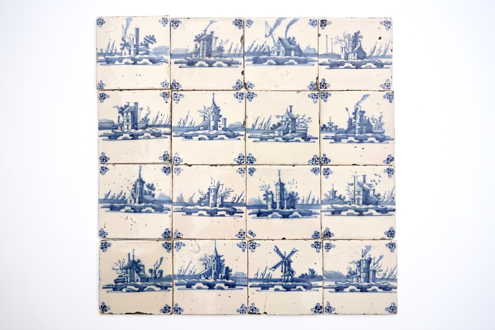 A field of 16 Dutch Delft blue and white tiles with fine landscapes, 18th C.