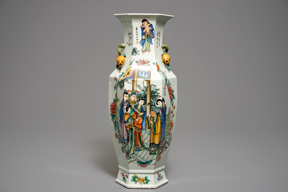 A hexagonal Chinese qianjiang cai two-sided design vase, 19/20th C.