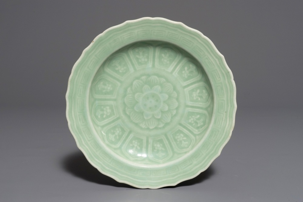 A Chinese celadon-glazed plate with underglaze lotus design, Qianlong