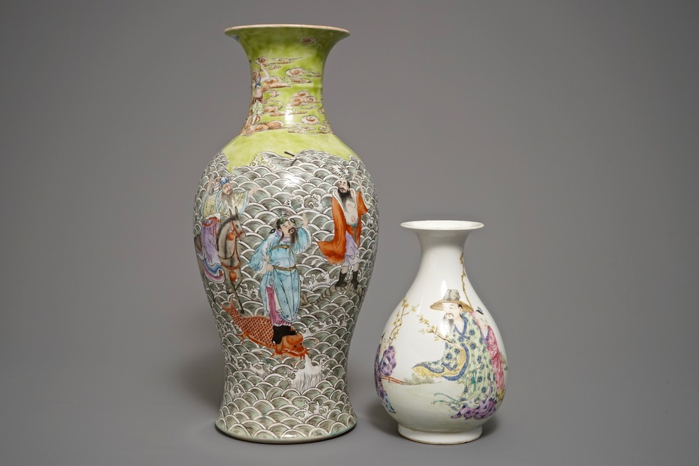 Two Chinese famille rose vases with immortals, 19/20th C.