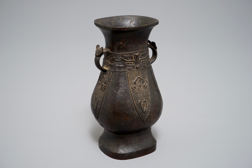A Chinese archaistic bronze hu vase, Ming